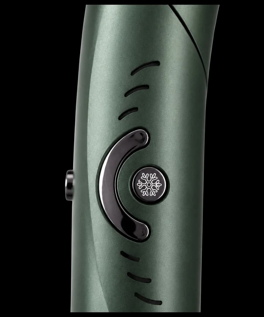 The Traveler folding dryer control settings and cool shot button close-up