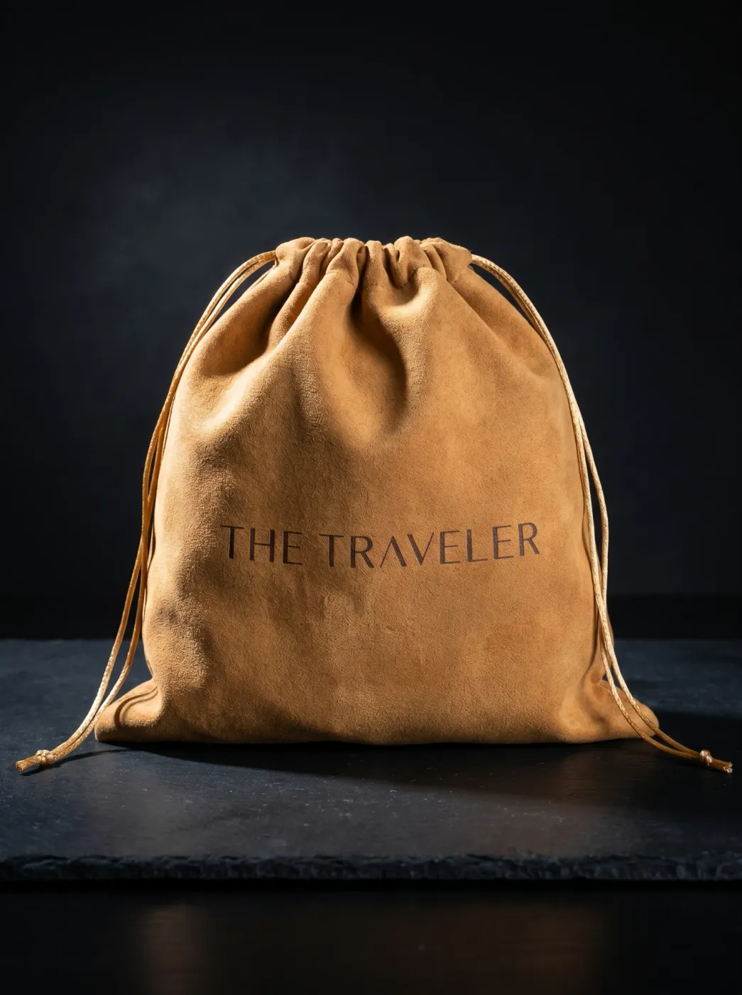 The Traveler tan drawstring storage pouch with logo
